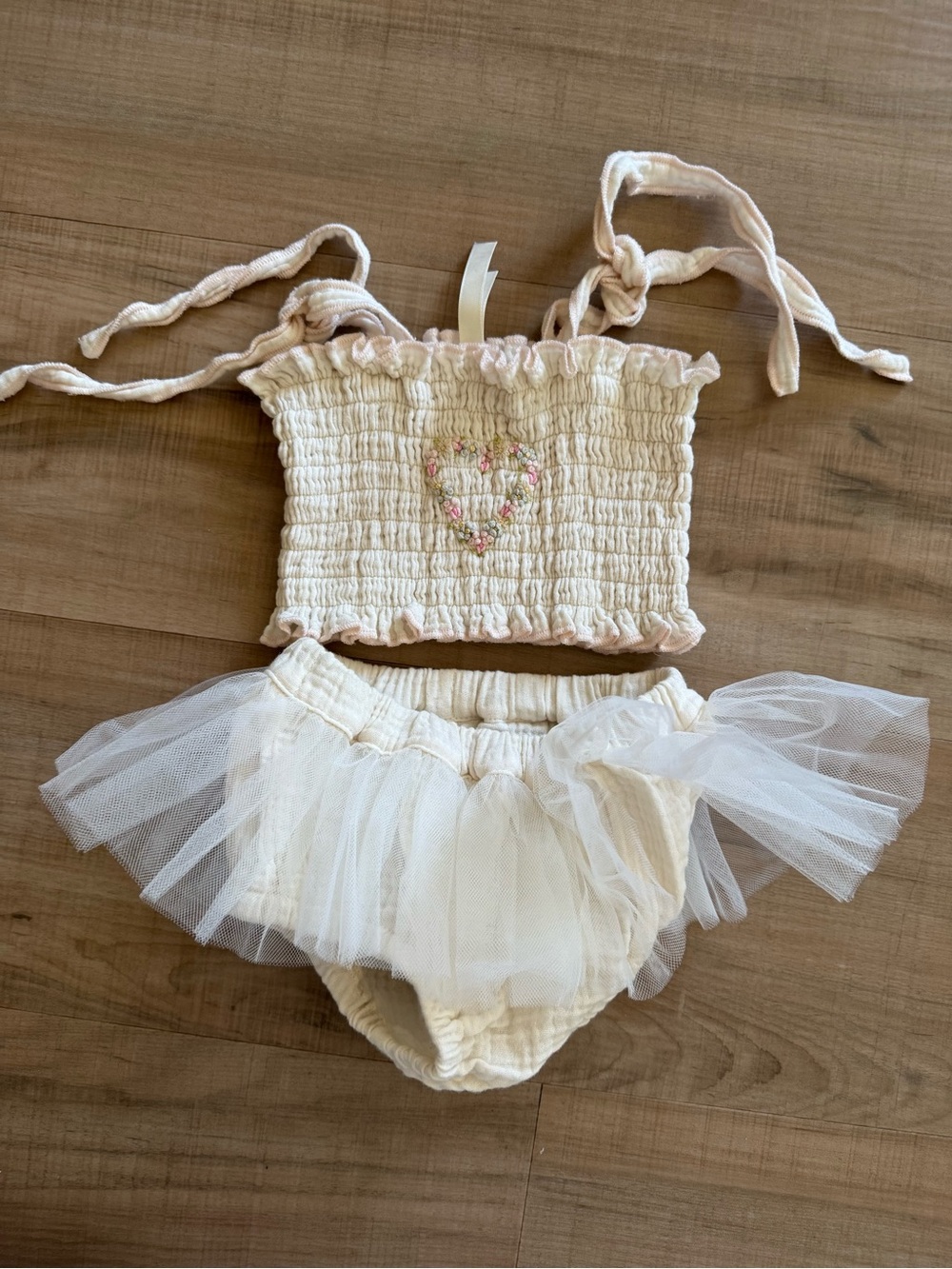 Wild Wawa Baby Girl Tutu Cream Tulle Two-Piece Set with Embroidered Floral Heart